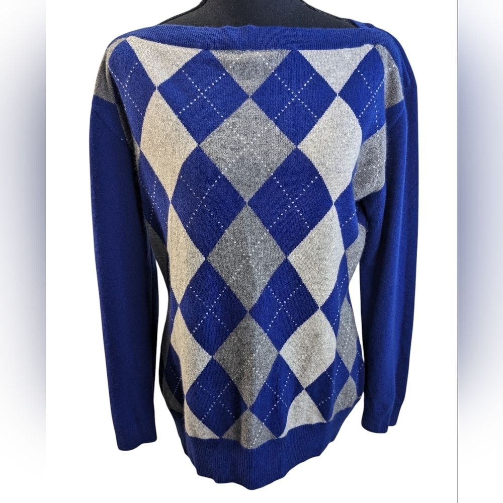 Banana Republic Cashmere  Blue and Gray Argyle Women's Sweater Size L
